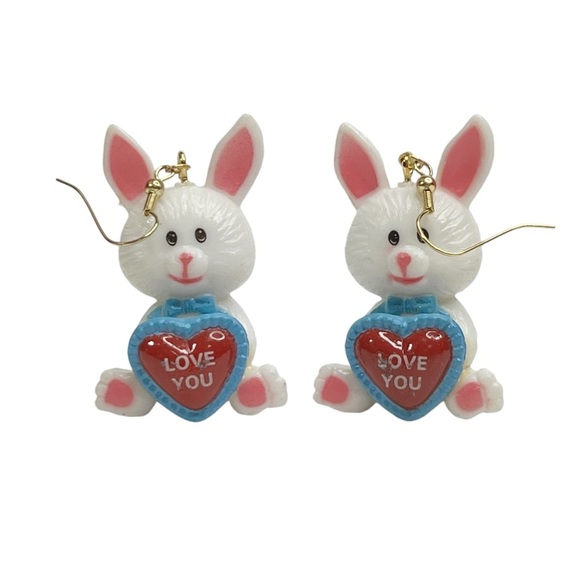 White Easter Bunny I Love You Dangle Pierced Earrings - Picture 1 of 14